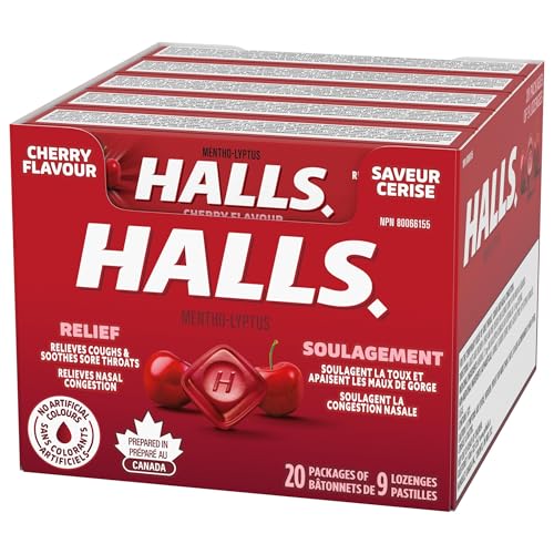 HALLS Cherry Cough Drops – 20 Packs of 9 Lozenges for Sore Throat & Cough Relief
