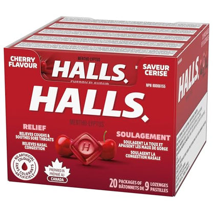 HALLS Cherry Cough Drops – 20 Packs of 9 Lozenges for Sore Throat & Cough Relief