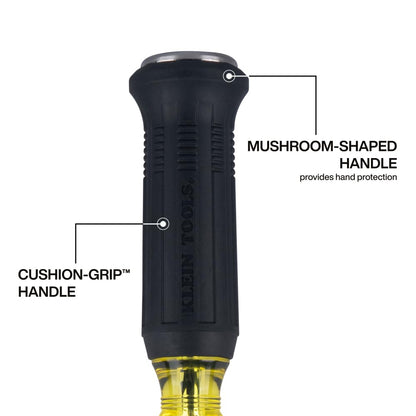 Klein Tools 6007DD 5/16-Inch Keystone Demolition Screwdriver, 7-Inch Blade, Steel Tip-to-Cap Construction Demo Screwdriver, Cushion-Grip Handle, Oversized Strike Cap, Square Shank with Wrench Assist