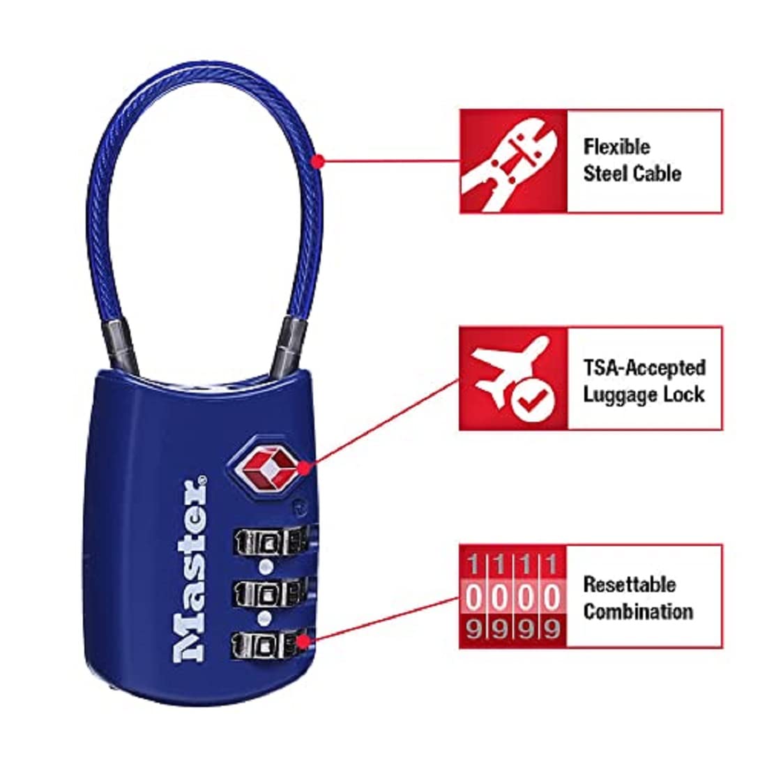 Master Lock Padlock, Set Your Own Combination TSA Locks for Luggage, Travel Zipper Lock with Cable Shackle is 1-3/16 in. Wide, Colors May Vary, 4688T, 2 Count (Pack of 1)