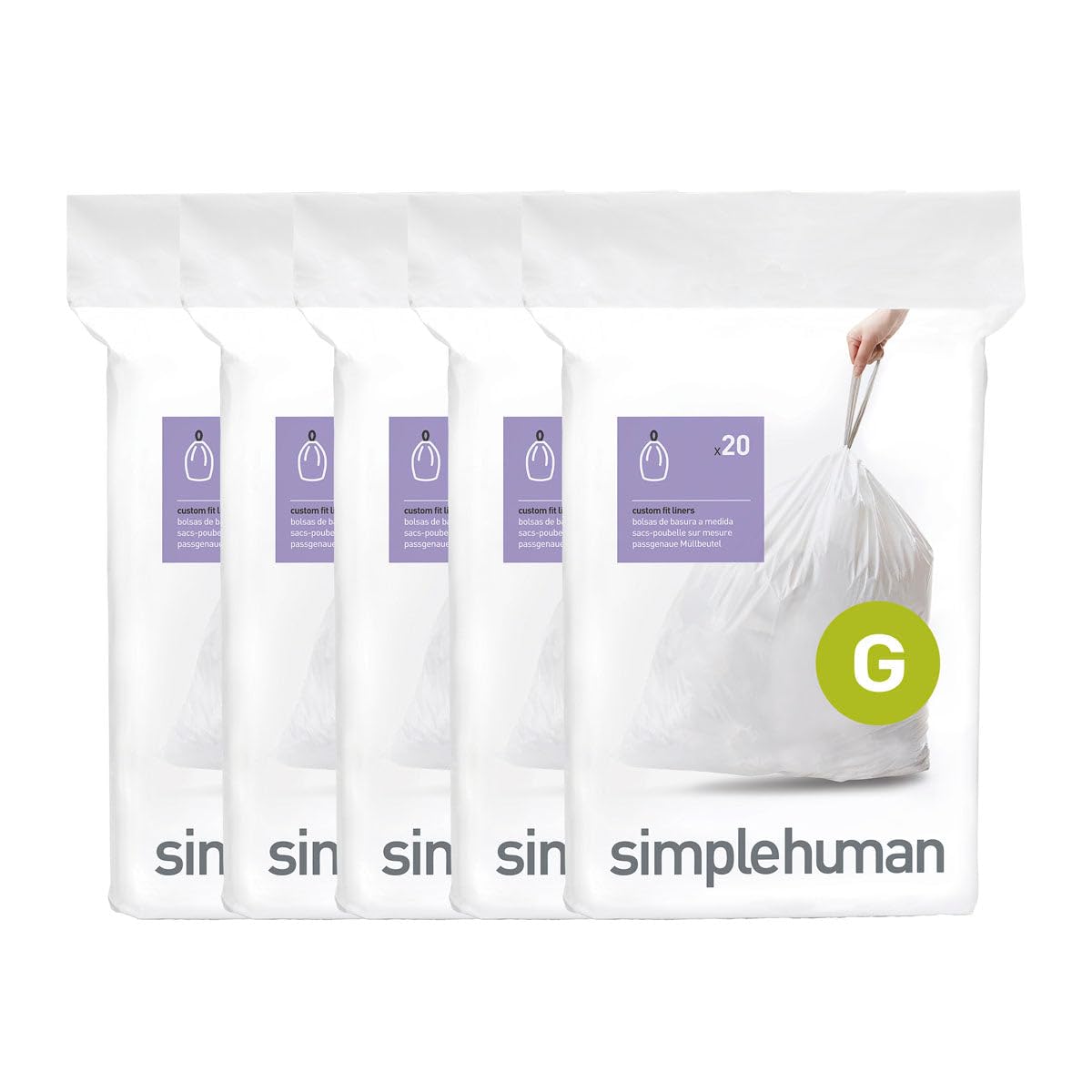 simplehuman Code G 100 Count, Dispenser Pack Custom Fit Liners, Drawstring Trash Bags, 30L / 8 Gallons, White simplehuman