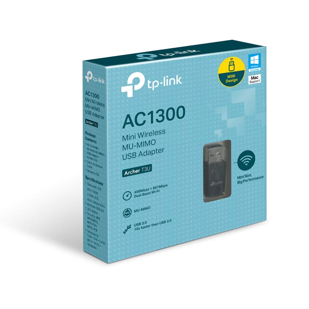 TP-Link AC1300 USB WiFi Adapter(Archer T3U)- 2.4G/5G Dual Band Wireless Network Adapter for PC Desktop, MU-MIMO WiFi Dongle, USB 3.0, Supports Windows 11, 10, 8.1, 8, 7, XP/Mac OS X 10.9-10.14