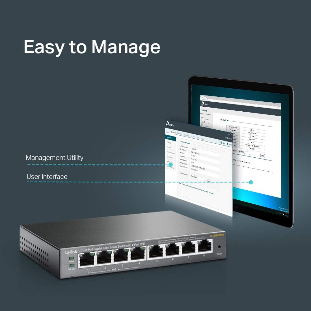 TP-Link 8–Port Gigabit PoE Switch, 4 PoE+ Ports @64W, Easy Smart (TL-SG108PE)