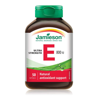 Jamieson Ultra Strength Vitamin E 800 IU Softgels, Natural Antioxidant, Helps Prevents Tissue Damage and Vitamin E Deficiency. Gluten-Free, No Artificial Flavours, Colours, or Preservatives, 50 Count, Proudly Canadian Jamieson