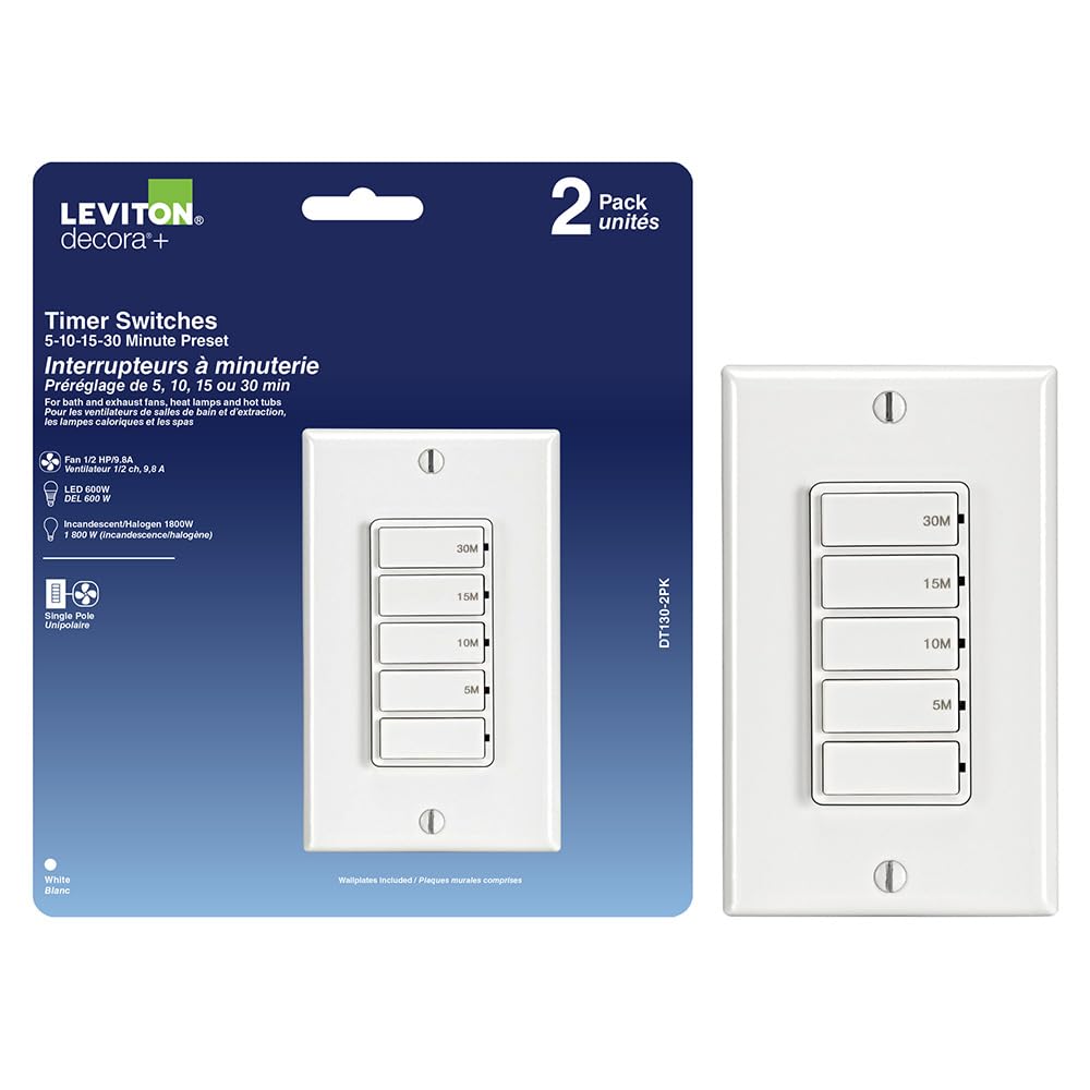 Leviton 2-Pack Countdown Timer Switch for Bathroom Fan and Household Lights, 5-10-15-30 min, No Neutral Required, Single Pole, 15A, 1/2HP/9.8A Fan/Motor, DT130-1LW, White 🍁 All In One Marketplace Canada