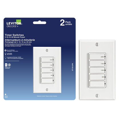 Leviton 2-Pack Countdown Timer Switch for Bathroom Fan and Household Lights, 5-10-15-30 min, No Neutral Required, Single Pole, 15A, 1/2HP/9.8A Fan/Motor, DT130-1LW, White 🍁 All In One Marketplace Canada