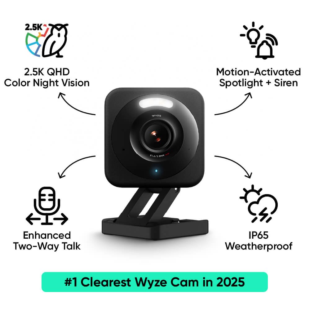 WYZE Cam v4 (Latest Model), 2.5K AI Security Camera, Indoor/Outdoor Cameras for Home Security, Vibrant Color Night Vision, No Subscription Required, Free Expert Help, Black, 2 Pack