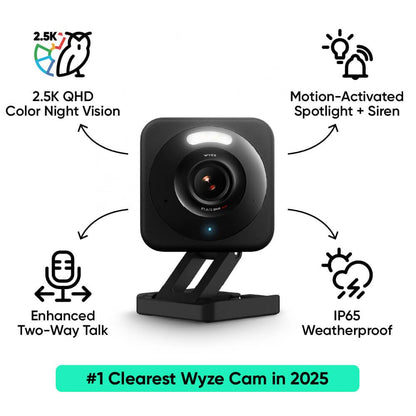 WYZE Cam v4 (Latest Model), 2.5K AI Security Camera, Indoor/Outdoor Cameras for Home Security, Vibrant Color Night Vision, No Subscription Required, Free Expert Help, Black, 2 Pack