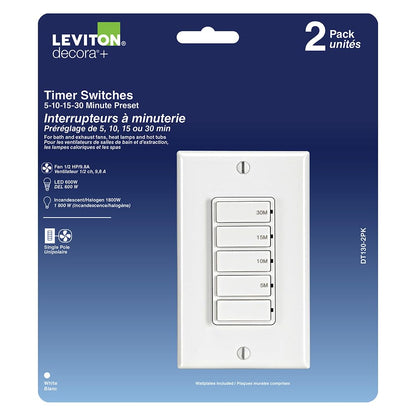 Leviton 2-Pack Countdown Timer Switch for Bathroom Fan and Household Lights, 5-10-15-30 min, No Neutral Required, Single Pole, 15A, 1/2HP/9.8A Fan/Motor, DT130-1LW, White 🍁 All In One Marketplace Canada