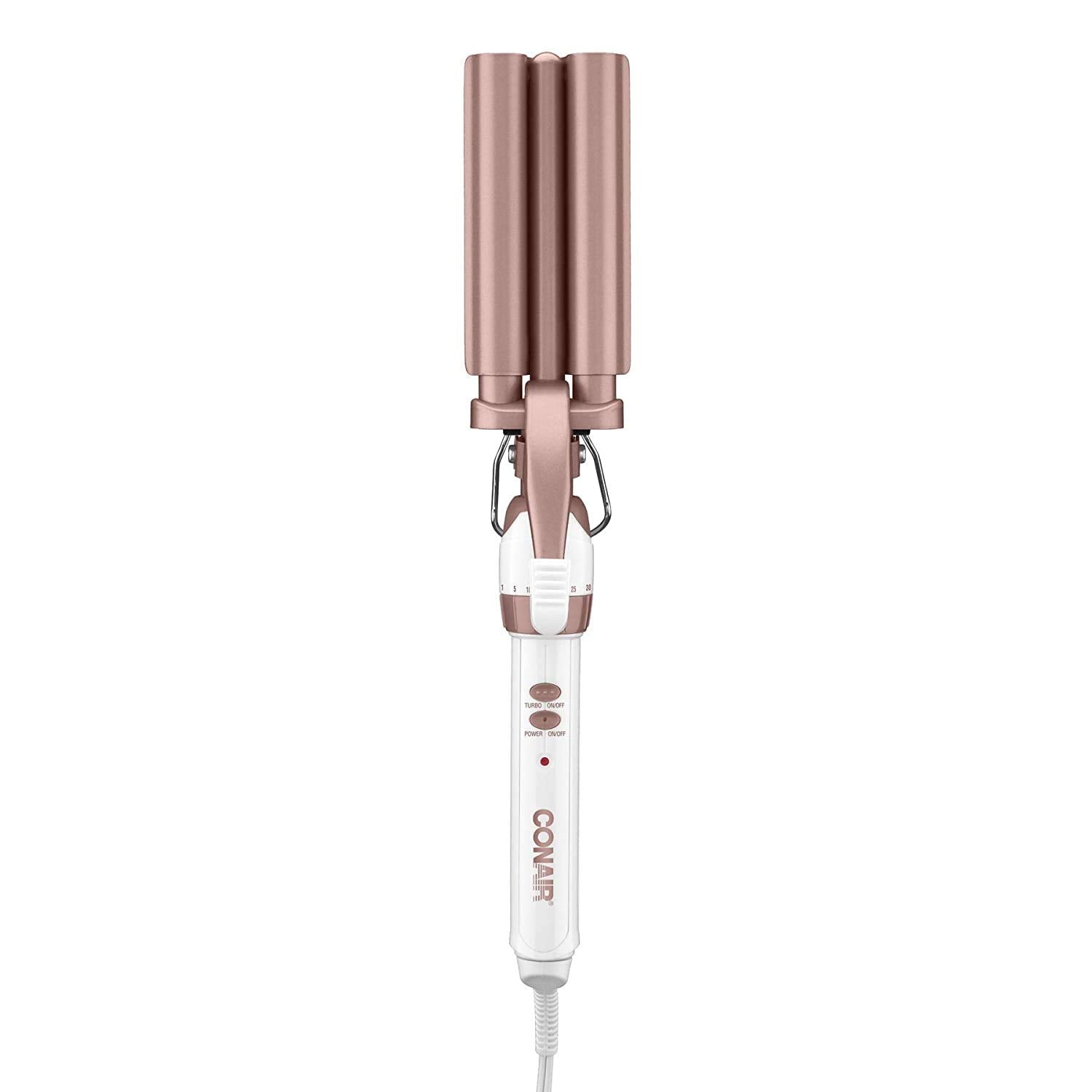Conair CD704C Double Ceramic Triple Barrel Curl Styling Waver, Deep waves, Long lasting nautral tight waves for all hair lengths, Turbo Heat® – up to 68°F (20C) burst of heat, White/ Rose Gold