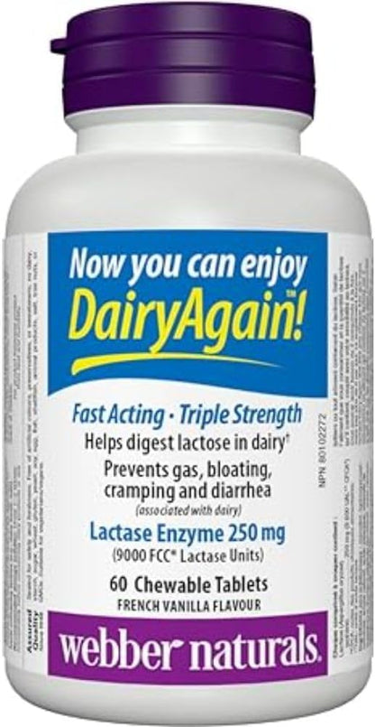 Webber Naturals Dairy Again Lactase Enzyme Chews, 60 Chewable Tablets Webber Naturals