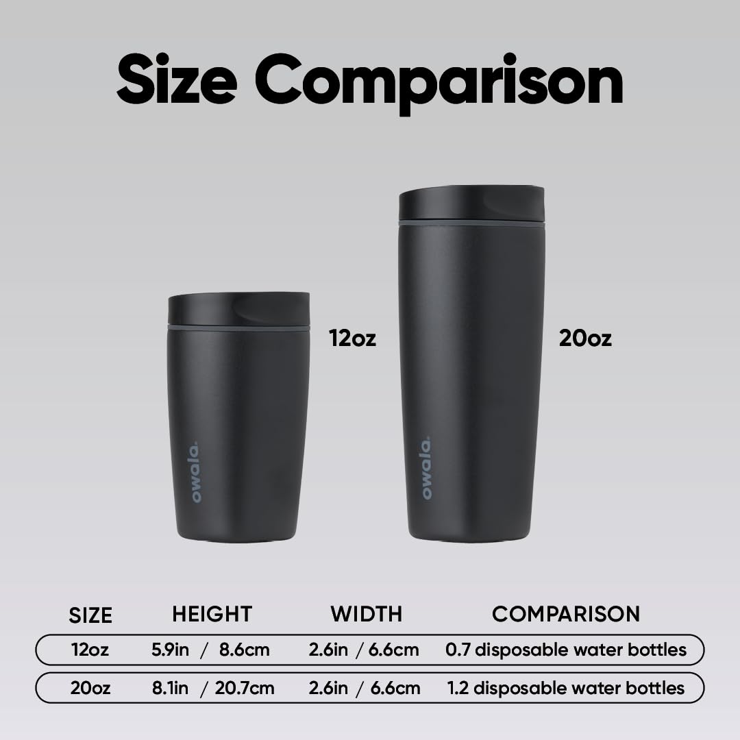 Owala SmoothSip Slider Insulated Stainless Steel Coffee Tumbler, Reusable Iced Coffee Cup, Hot Coffee Travel Mug, BPA Free 20 oz, Very Very Dark