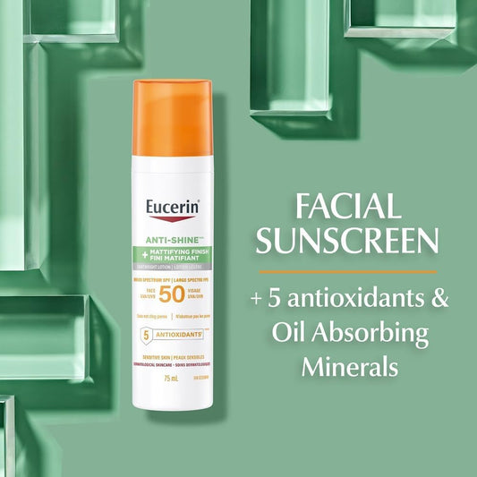 Eucerin Sun Anti-Shine Control Face Sunscreen SPF 50, Daily Face Sunscreen SPF 50 with 5 Antioxidants, Mattifying Body SPF 50 Lotion with UVA-UVB Sun Protection, Ideal for oily and acne prone skin, Fragrance Free & Non Greasy, 75 ml Pump - Available at All In One Marketplace Canada
