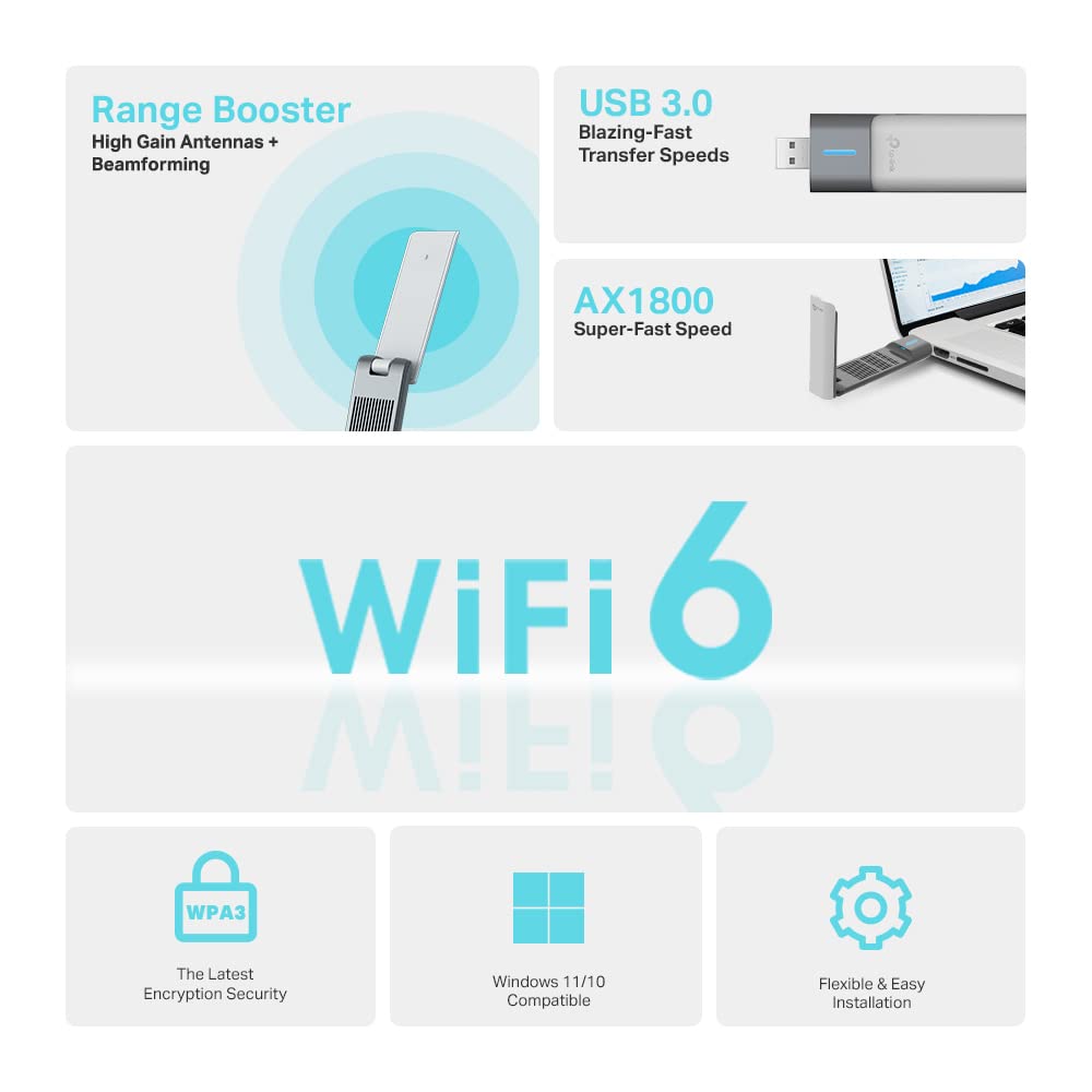 TP-Link AX1800 USB Wi-Fi 6 Adapter for PC (Archer TX20UH) - High Gain Wireless USB Adapter for Desktop with 2.4GHz, 5GHz Dual Band Antenna, WPA3, Supports Windows 11/10 TP-Link