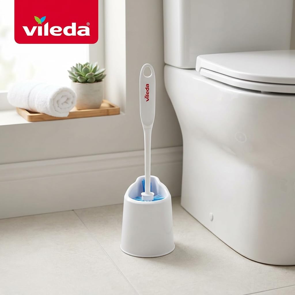 Vileda Deluxe Toilet Brush and Holder | Cleaner Brush with Ergonomic Handle | Easily Clean Under the Rim | Angled Bristles Reach Tough Spots