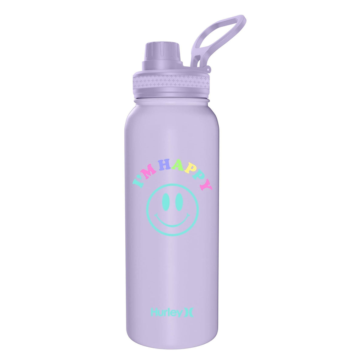 Hurley 32 Oz Reusable Water Bottle with Chug Cap Stainless Steel Sports Bottle "I'M HAPPY" Design with Handle on Lid, Purple