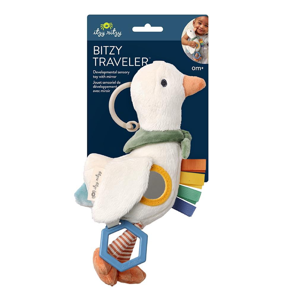 Itzy Ritzy Bitzy Traveler Car Seat & Stroller Toy for Babies – Developmental Sensory Toy Features Crinkle & Rattle Sounds & Multiple Textures – Hanging Travel Buddy for On-the-Go Entertainment (Goose) Itzy Ritzy