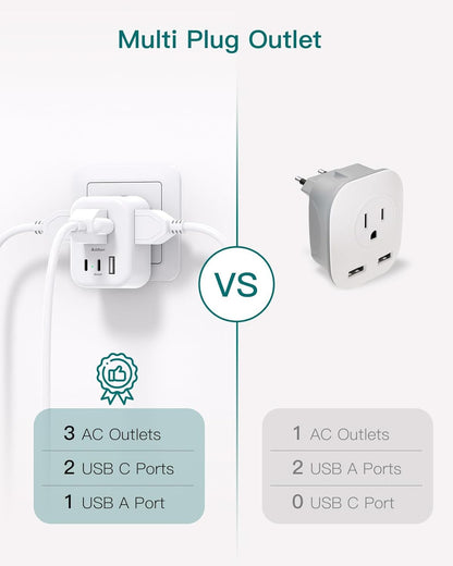 [2 Pack] European Travel Plug Adapter, International Power Plug Adapter with 3 Outlets 3 USB Charging Ports(2 USB C), Travel Essentials to Italy,Greece,Israel,France, Spain (Type C)