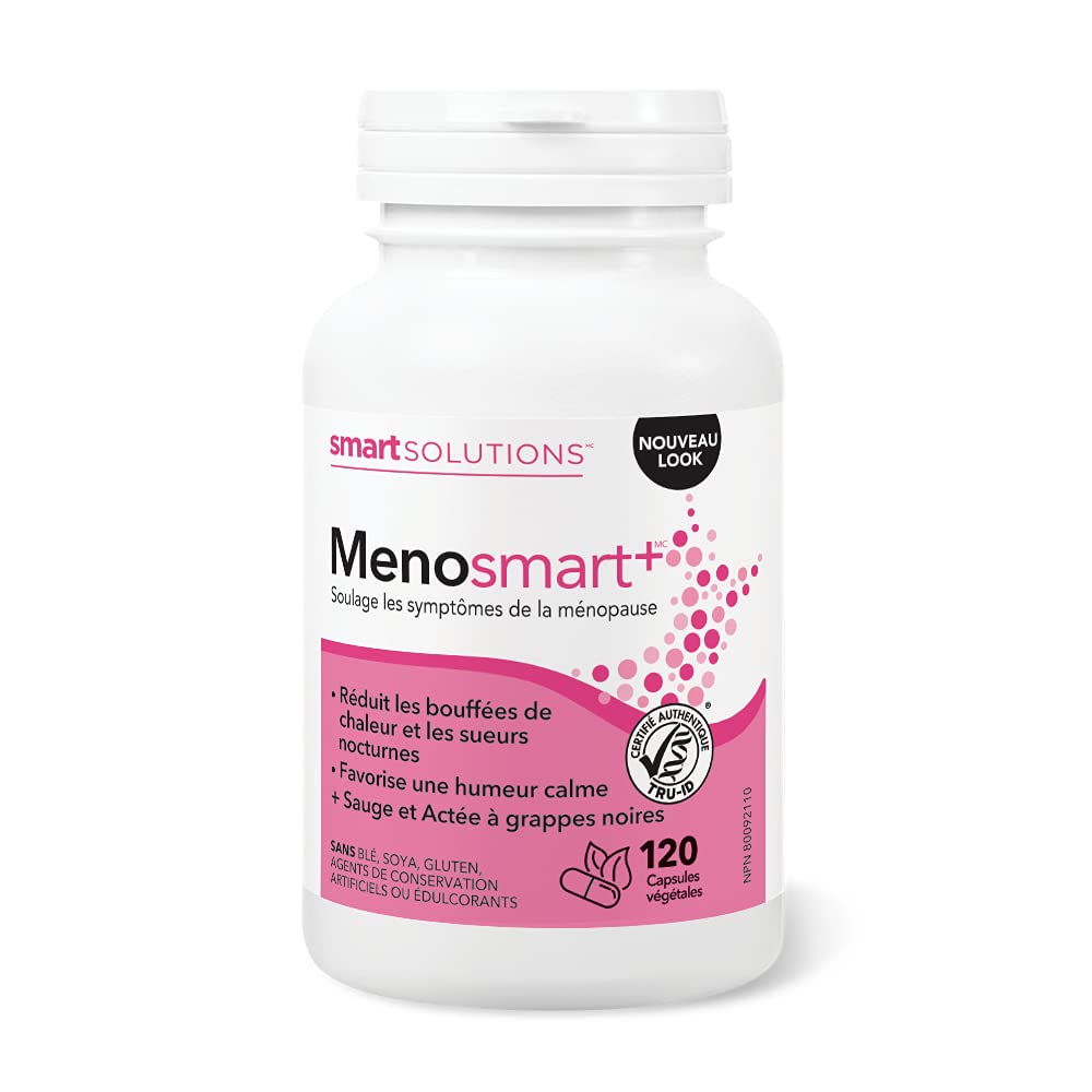 Smart Solutions Menosmart+ Vegetarian Capsules, Reduces Hot Flashes and Night Sweats, Promotes a Calm Mood, and Relieves Menopause Symptoms. With Sage, Black Cohosh, and Chasteberry, Gluten-Free, 120 Count - Available at All In One Marketplace Canada