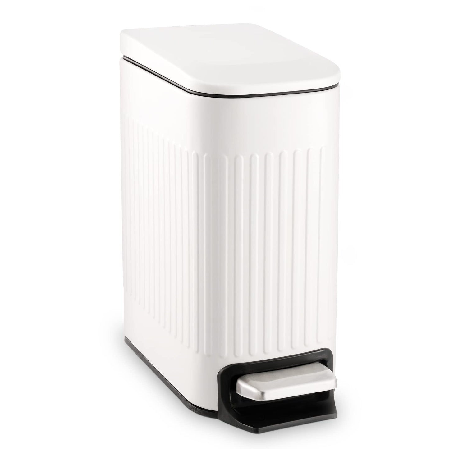 TrashAid Slim Bathroom Trash Can with Lid Soft Close, 6 Liter/1.6 Gallon Stainless Steel Small Garbage Can with Removable Inner Bucket, Step Pedal, Slim Wastebasket for Toilet, Office, Bedroom, White - Available at All In One Marketplace Canada