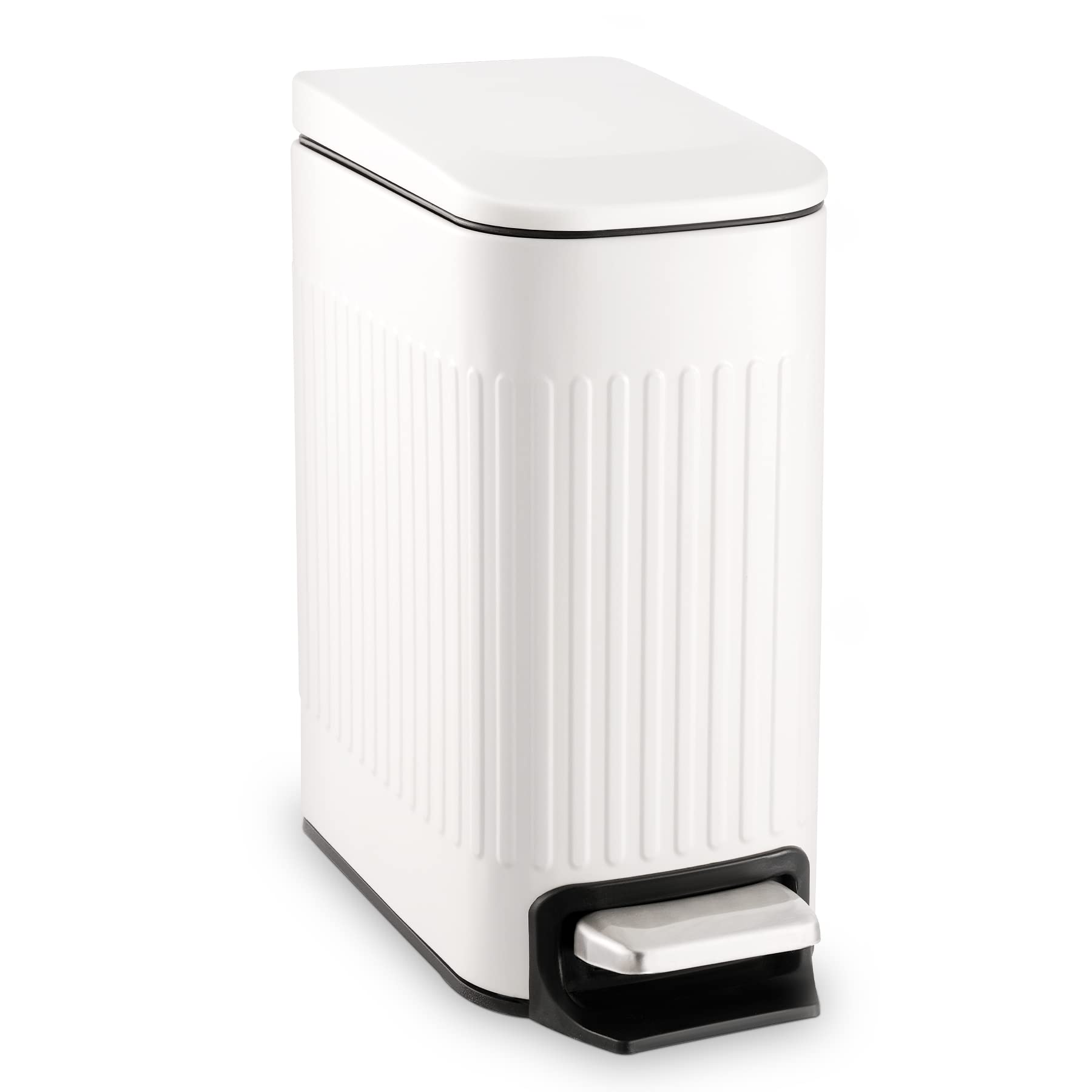 TrashAid Slim Bathroom Trash Can with Lid Soft Close, 6 Liter/1.6 Gallon Stainless Steel Small Garbage Can with Removable Inner Bucket, Step Pedal, Slim Wastebasket for Toilet, Office, Bedroom, White - Available at All In One Marketplace Canada