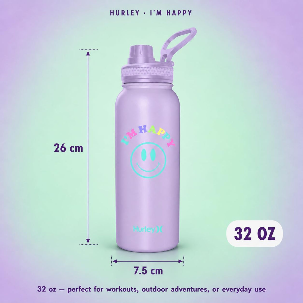 Hurley 32 Oz Reusable Water Bottle with Chug Cap Stainless Steel Sports Bottle "I'M HAPPY" Design with Handle on Lid, Purple