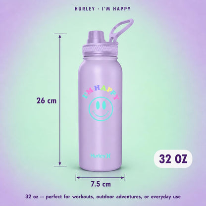 Hurley 32 Oz Reusable Water Bottle with Chug Cap Stainless Steel Sports Bottle "I'M HAPPY" Design with Handle on Lid, Purple