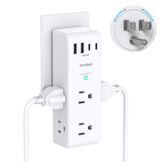 Surge Protector Outlet Extender - with Rotating Plug, 6 AC Multi Plug Outlet with 4 USB Ports (2 USB C), 1800 Joules, 3-Sided Swivel Power Bar with Spaced Splitter for Home, Office, Travel