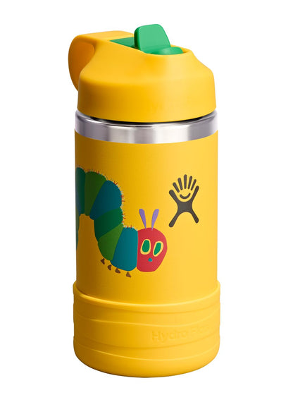 Hydro Flask Kids 12 Oz World of Eric Carle Collection - Wide Mouth Water Bottle with Flex Straw Cap and Boot, Yellow Caterpillar