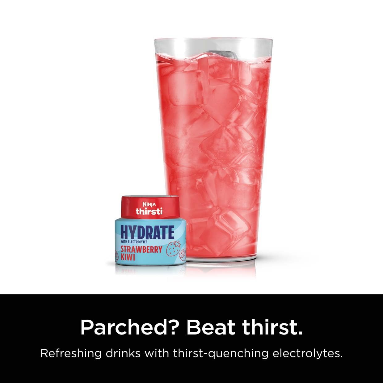 Ninja Thirsti HYDRATE Strawberry Kiwi Flavoured Water Drops with electrolytes and contain 0 calories*, 0 sugar* (*per 12oz classic serving). . Turn water into refreshing fruit-flavoured sparkling or still drinks with Ninja Thirsti Hydrate Flavoured Water Ninja