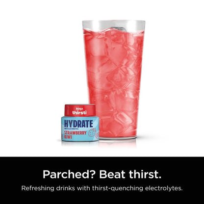 Ninja Thirsti HYDRATE Strawberry Kiwi Flavoured Water Drops with electrolytes and contain 0 calories*, 0 sugar* (*per 12oz classic serving). . Turn water into refreshing fruit-flavoured sparkling or still drinks with Ninja Thirsti Hydrate Flavoured Water Ninja