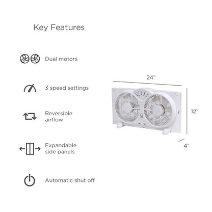 Genesis Twin Fan High Velocity Reversible AirFlow Fan, LED Indicator Lights Adjustable Thermostat & Max Cool Technology, ETL Certified, White (A1WINDOWFAN) Genesis