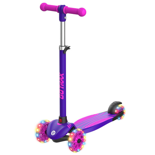 Gotrax KS1 Kids Kick Scooter, LED Lighted Wheels and 3 Adjustable Height Handlebars, Lean-to-Steer & Widen Anti-Slip Deck, 3 Wheel Scooter for Boys & Girls Ages 3+ and up to 100 Lbs (Purple)