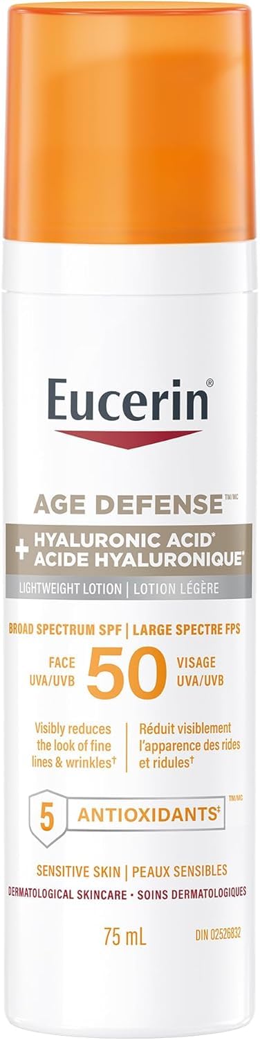 Eucerin Sun Age Defense Face Sunscreen SPF 50, Facial Sunscreen with Hyaluronic Acid and Antioxidants, Body SPF 50 Lotion with UVA-UVB Sun Protection, For Sensitive & Aging Skin, Reduce the look of fine line & wrinkles*, Fragrance Free & Non Greasy, 75mL - Available at All In One Marketplace Canada