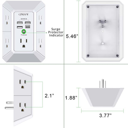 Wall Charger, Surge Protector, QINLIANF 5 Outlet Extender with 4 USB Charging Ports (4.8A Total) 3-Sided 1680J Power Strip Multi Plug Adapter Spaced for Home Travel Office (3U1C)