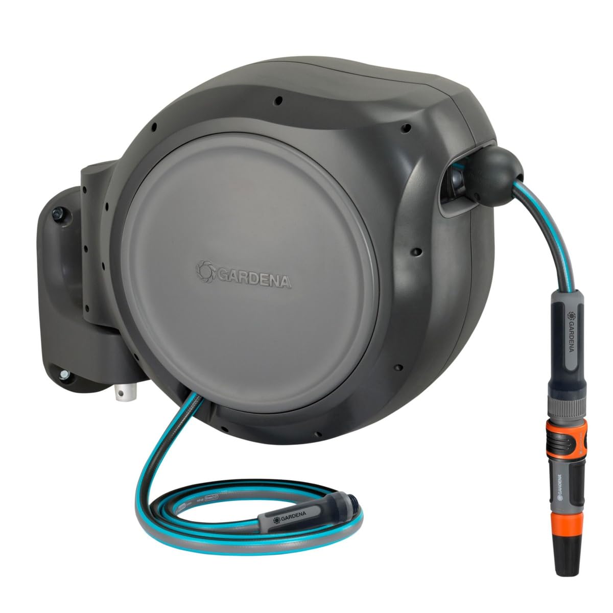 GARDENA 20502-80, Retractable Garden Hose Reel 75' x 1/2" Hose, Wall Mounted, Automatic Retraction & Length Lock for Easy Watering. Heavy Duty Swivel Bracket 180°, Includes Nozzle. Made in Europe 🍁 All In One Marketplace Canada GARDENA