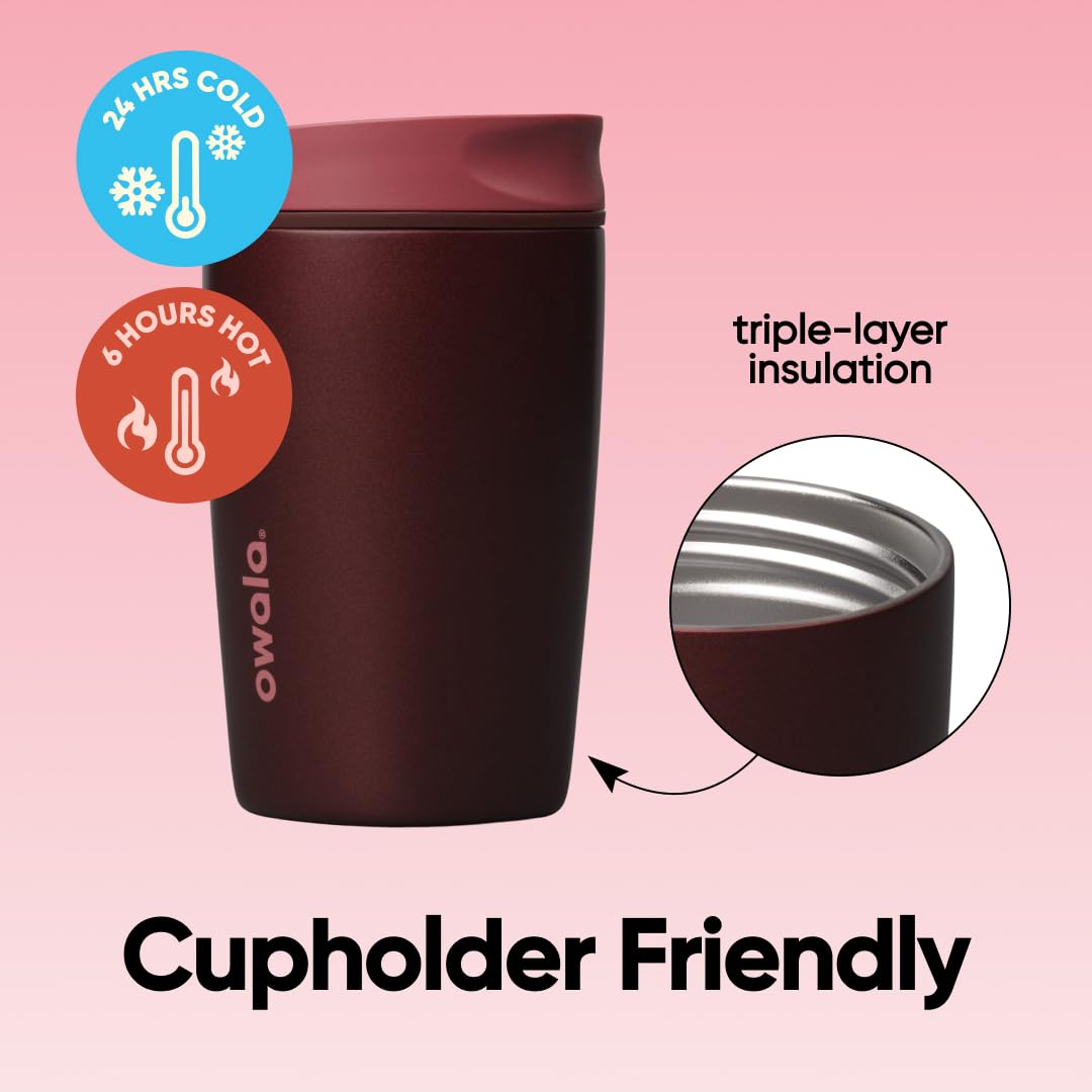 Owala SmoothSip Slider Insulated Stainless Steel Coffee Tumbler, Reusable Iced Coffee Cup, Hot Coffee Travel Mug, BPA Free 12 oz, Black Cherry
