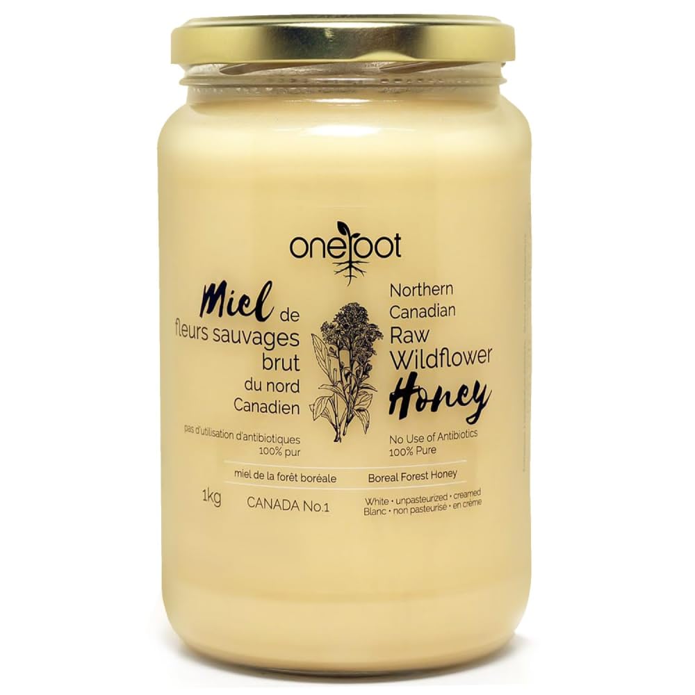 ONEROOT Raw Wildflower Honey | Unpasteurized Boreal Forest Variety | Creamed, Canadian-Farmed & Bottled | Single-Source Pure, Raw & Unfiltered (1kg)