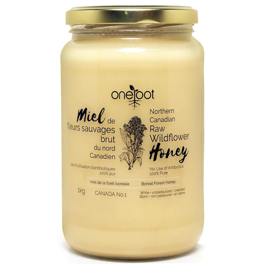 ONEROOT Raw Wildflower Honey | Unpasteurized Boreal Forest Variety | Creamed, Canadian-Farmed & Bottled | Single-Source Pure, Raw & Unfiltered (1kg)