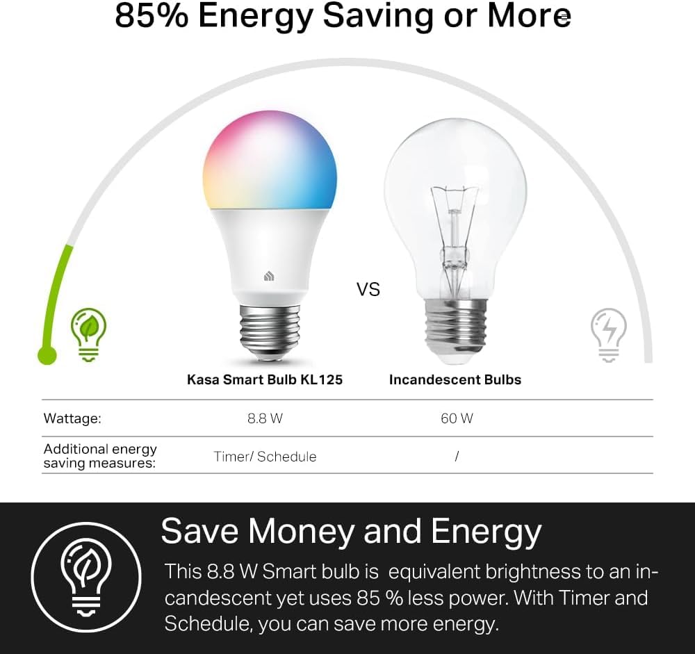 Kasa Smart Light Bulbs, Full Colour Changing Dimmable Smart WiFi Bulbs Compatible with Alexa and Google Home, A19, 9W 800 Lumens,2.4Ghz only, No Hub Required, 4-Pack (KL125P4), Multicolour Kasa Smart