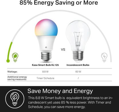 Kasa Smart Light Bulbs, Full Colour Changing Dimmable Smart WiFi Bulbs Compatible with Alexa and Google Home, A19, 9W 800 Lumens,2.4Ghz only, No Hub Required, 2-Pack (KL125P2), Multicolour Kasa Smart