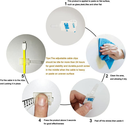 HS Wire Management Clips Clear (Yellowish) with Screw Hole (50 Pack) Adjustable Zip Ties 3 Inch with 3M Adhesive Tape,Adhesive Clips for Christmas Lights,Desk,Wall to Hold Extension Cord 🍁 All In One Marketplace Canada