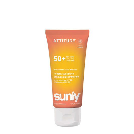 ATTITUDE Mineral Sunscreen SPF 50, Broad Spectrum Zinc Oxide, EWG Verified, Mineral-Based, Non-Nano, Lightweight Cream, Vegan, Tropical Coco Scent, 80 grams