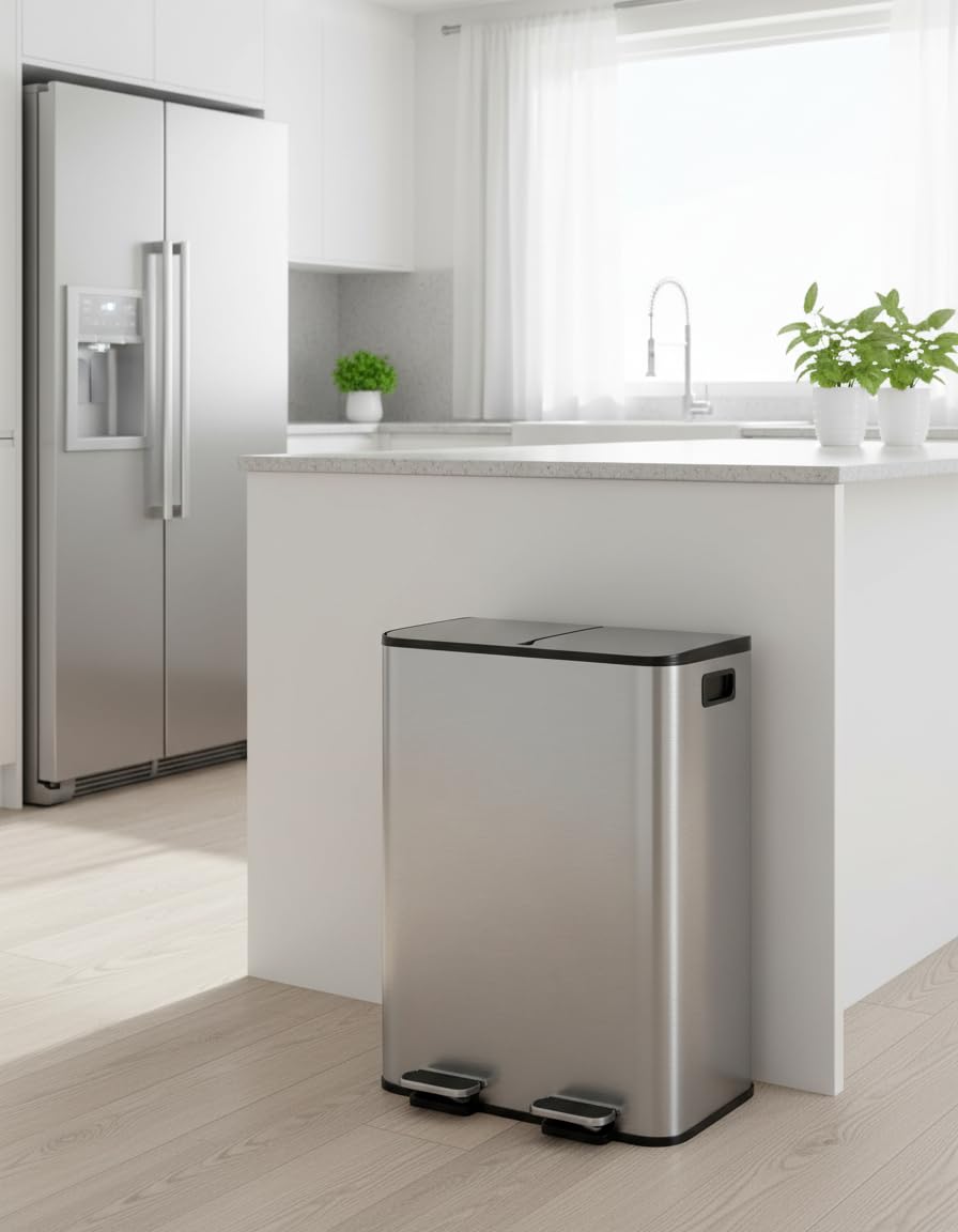 GarveeHome 2x8 Gallon Stainless Steel Dual Trash Can with Lid, Large Kitchen Step-on Garbage and Recycle Bin Combo, Metal Double Trash Can with PP Inner Buckets & Liner Rim for Kitchen Waste Sorting GarveeHome