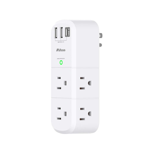 USB Outlet Extender Surge Protector - with Rotating Plug, 6 AC Multi Plug Outlet and 3 USB Ports (1 USB C), 3-Sided Swivel Power Strip with Spaced Outlet Splitter for Home, Office, Travel