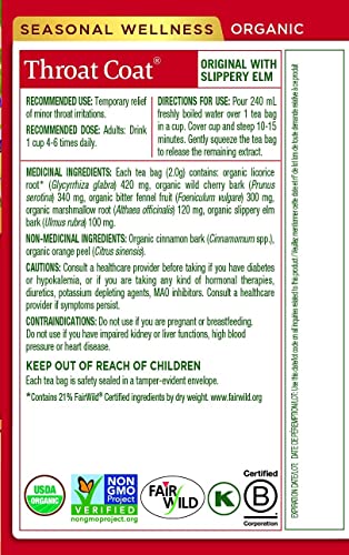 Traditional Medicinals Organic Throat Coat Herbal Tea - 6 Pack (96 Tea Bags) - Soothing Blend for Throat Comfort