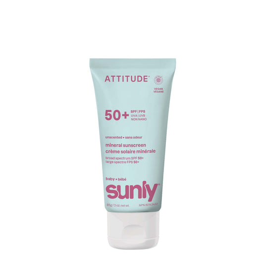 ATTITUDE Baby Mineral Sunscreen SPF 50, Broad Spectrum Zinc Oxide, EWG Verified, Mineral-Based, Non-Nano, Lightweight Cream for Face & Body, Gentle Formula, Unscented, 80 grams - Available at All In One Marketplace Canada