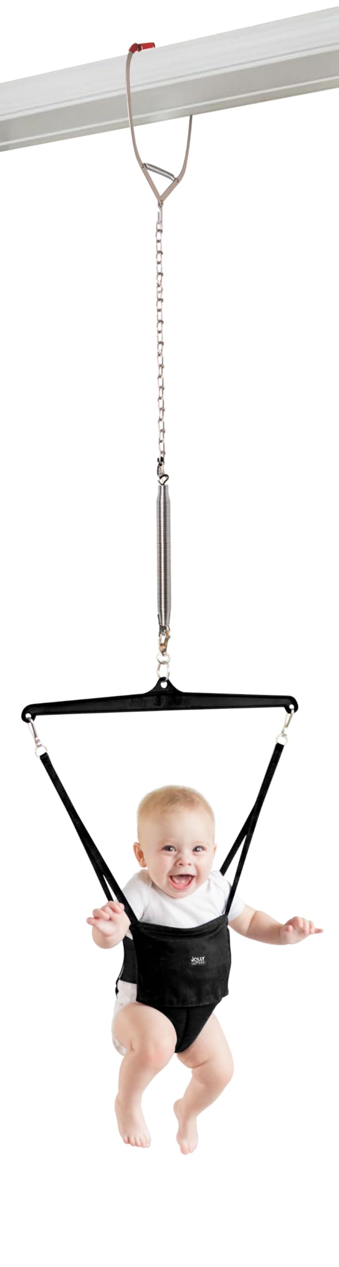 Jolly Jumper ICONIC Doorway Baby Jumper (Black), Indoor Exercise Saddle Seat, Adjustable Height, for Infants up to 28lbs, No Stand Required