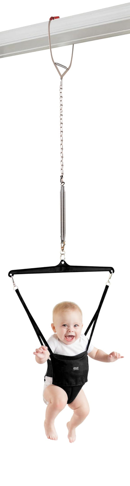 Jolly Jumper ICONIC Doorway Baby Jumper (Black), Indoor Exercise Saddle Seat, Adjustable Height, for Infants up to 28lbs, No Stand Required