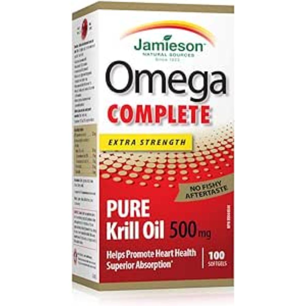 Jamieson Omega Complete Pure Krill Oil 500 mg, 100 Softgels, No Fishy Aftertaste, Supports Heart Health, and Provides Superior Absorption. With Antarctic Krill Oil. Proudly Canadian Jamieson